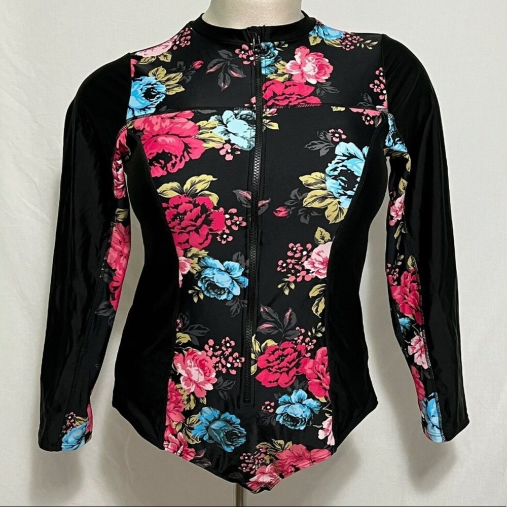Torrid Swimsuit Swim Rash Guard Front Zip Wireless Floral Size 3